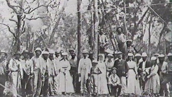 Planting the first telegraph pole, September 1870 (Northern Territory Library)