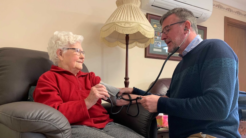 Adelaide GP Daniel Byrne with 95-year-old patient Lalla Beech.