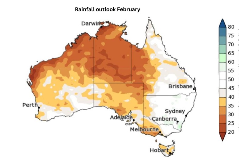 The rainfall outlook for February from the Bureau of Meteorology
