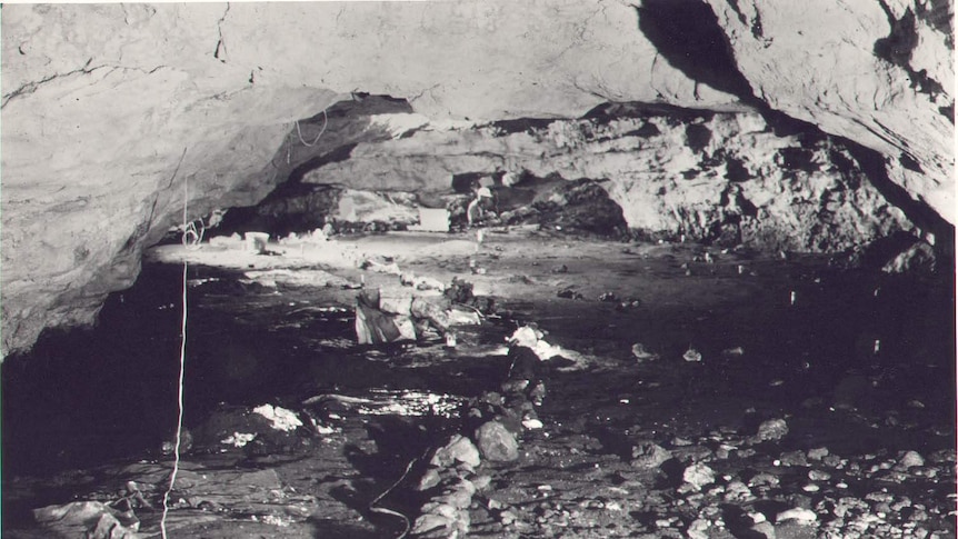 An early researcher explores a fossil chamber at Naracoorte Caves, 1975.