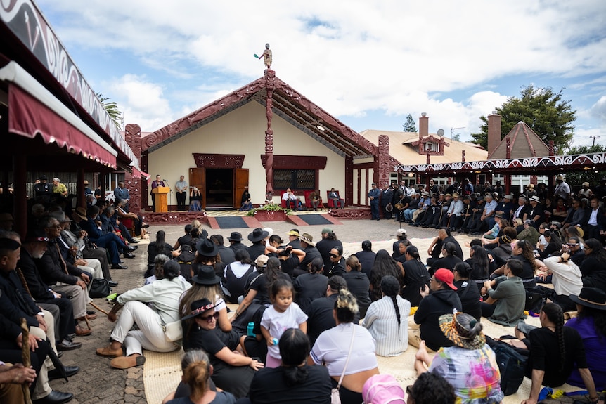 A crowd of people sit outside a marae — a traditional Maori meeting place