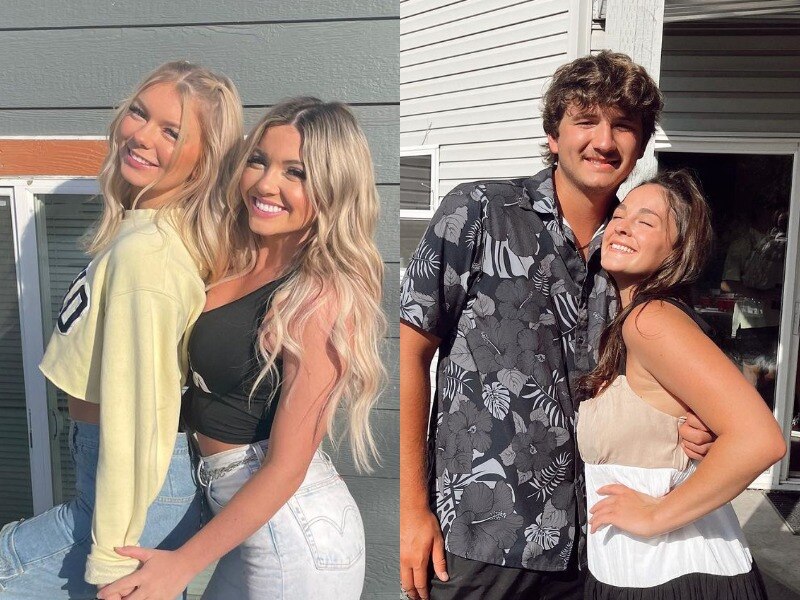 A composite image of two blondes and a man with a brunette