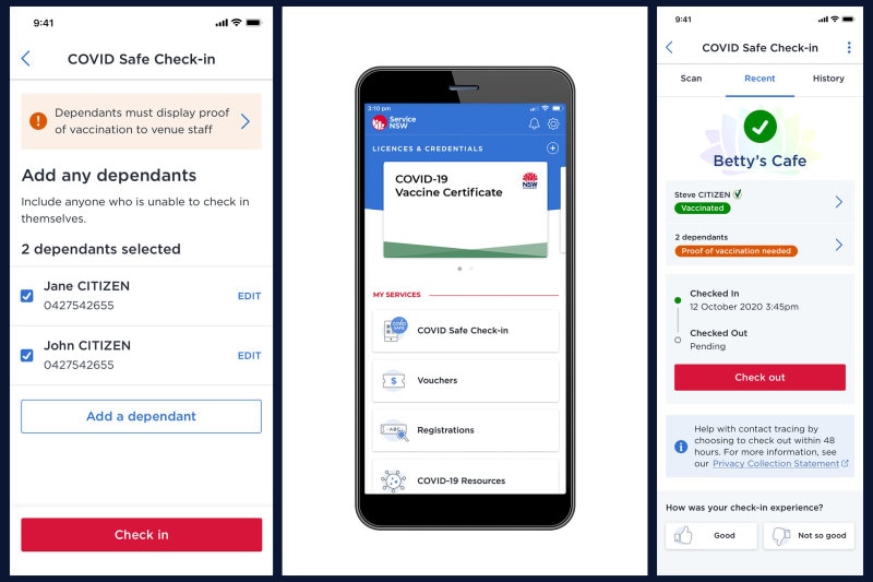 Three screenshots for the Service NSW vaccine passport.