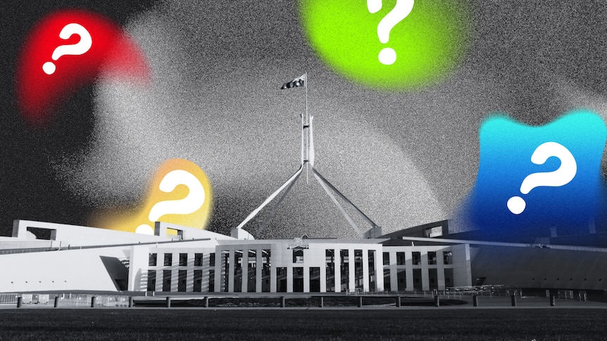 A grahpic of coloured question marks surrounding a black and white photo of parliament house. 