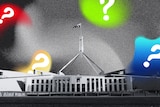 A grahpic of coloured question marks surrounding a black and white photo of parliament house. 