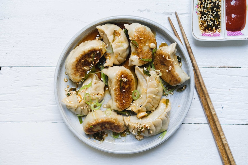 A plate of vegetarian potstickers, dumplings with fried bottoms, on a plate with chilli and soy sauce nearby, a cooking project.