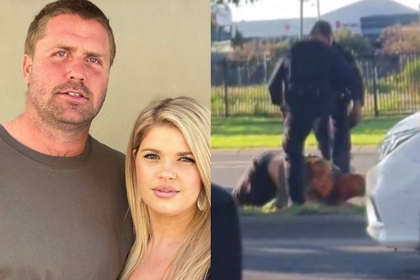 A man and woman Stand close together, next to an image of police stomping on the head of a man.