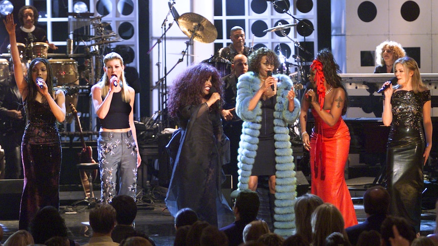 Singers (LtoR) Brandy, Faith Hill, Chaka Khan, Whitney Houston, Mary J Blige, and LeAnn Rimes perform