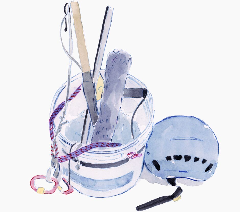 Bucket with window cleaning equipment and helmet