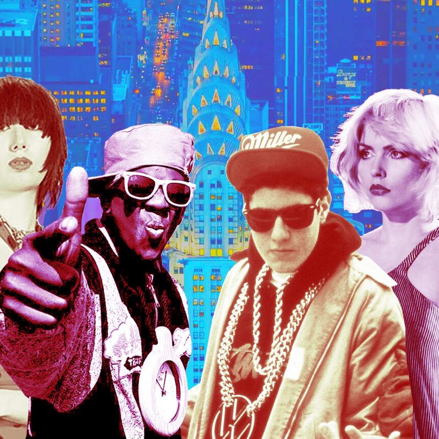 A collage of iconic New York musicians against a backdrop of the Chrysler Building