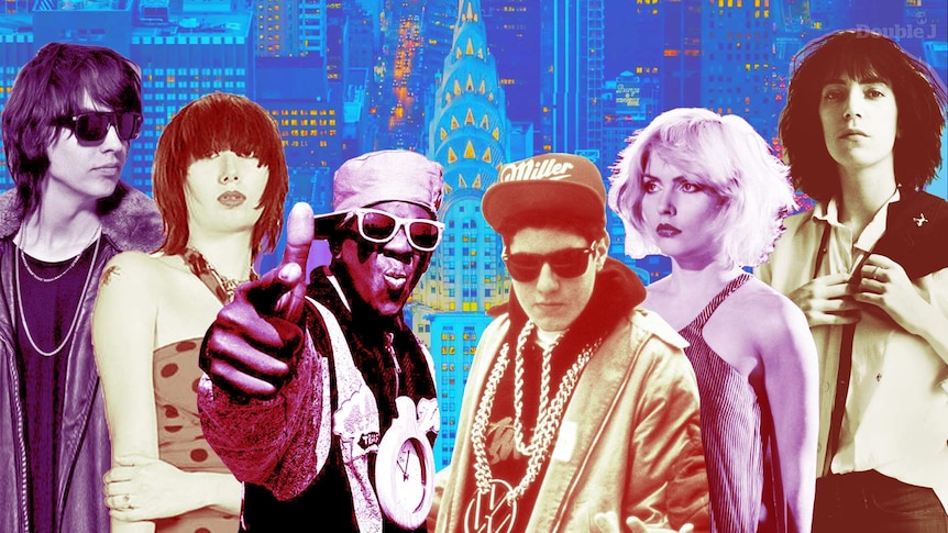 A collage of iconic New York musicians against a backdrop of the Chrysler Building