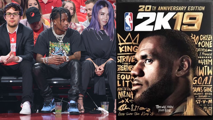 A photoshop of Travis Scott, Sam Cromack, and Alison Wonderland at a basketball game and the cover of the videogame NBA 2K19