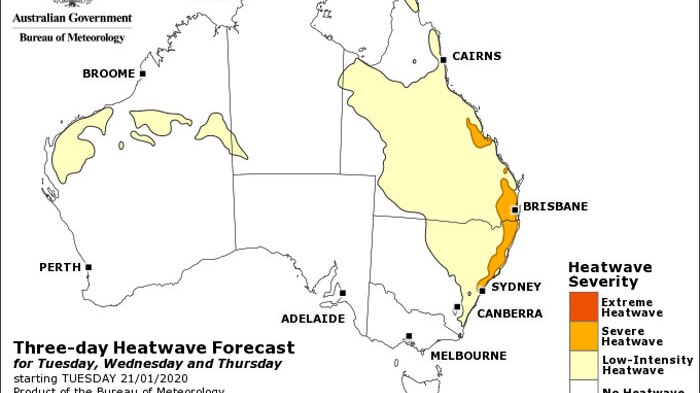 A map of Australia showing heatwave conditions over much of Queensland.