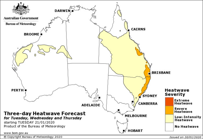 A map of Australia showing heatwave conditions over much of Queensland.