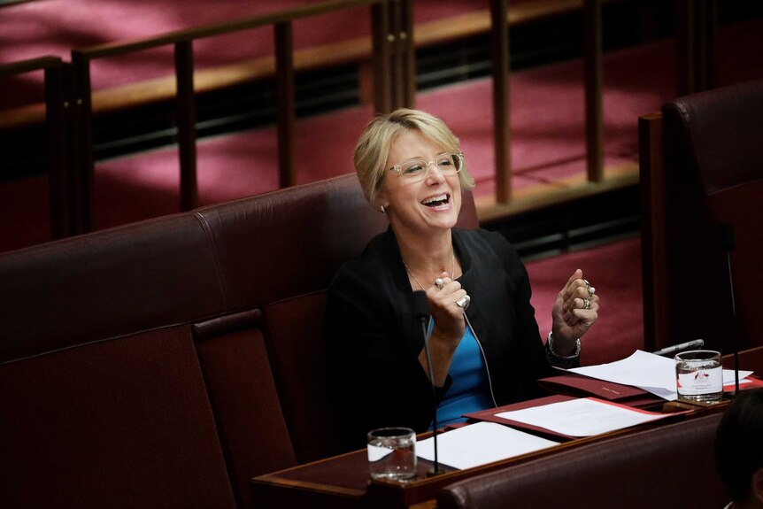 Kristina Keneally cheers from her seat in the red chamber Senate.
