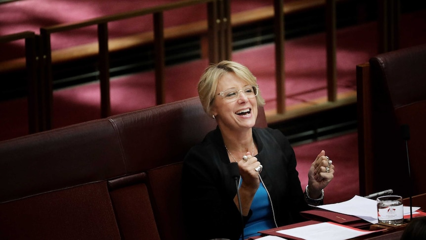 Kristina Keneally cheers from her seat in the red chamber Senate.