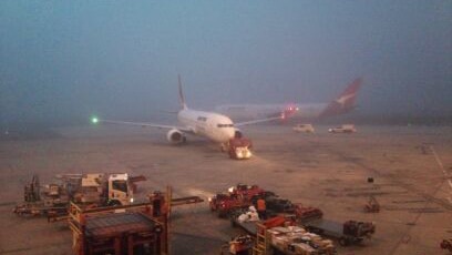 Fog shrouds planes at Perth domestic airport