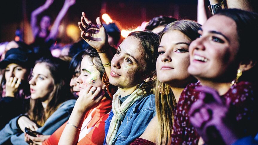 A crowd of women at the front of the barrier enjoying Splendour In the Grass 2017