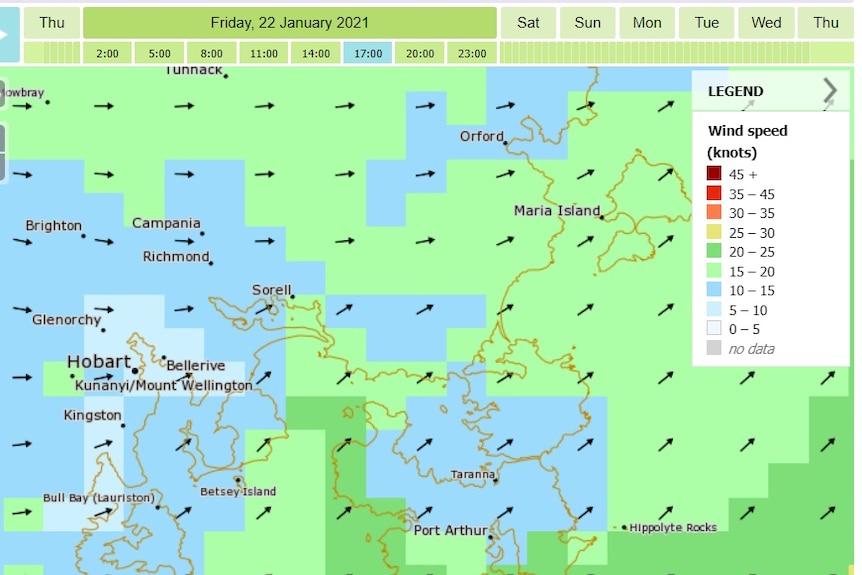 Graph showing weather forecasting information over a map of Tasmania.