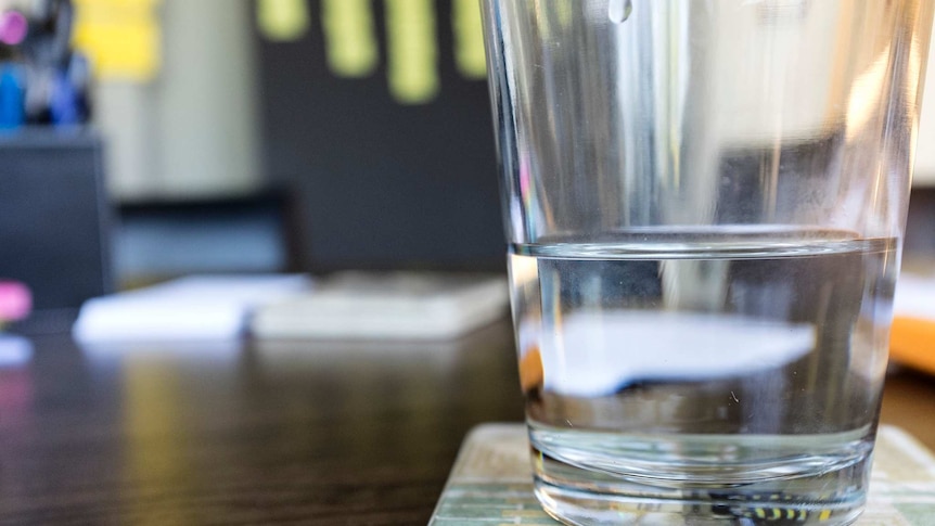 A half-full glass of water sits on a coaster.