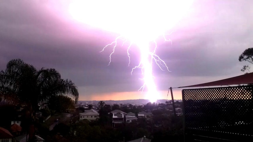A lightning bolt strikes somewhere in East Brisbane.