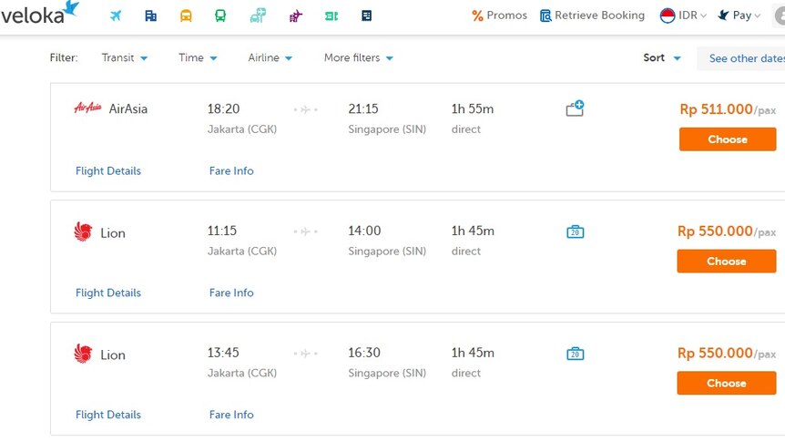 Harga tiket Lion Air di situs Traveloka dengan rute Jakarta-Singapura.