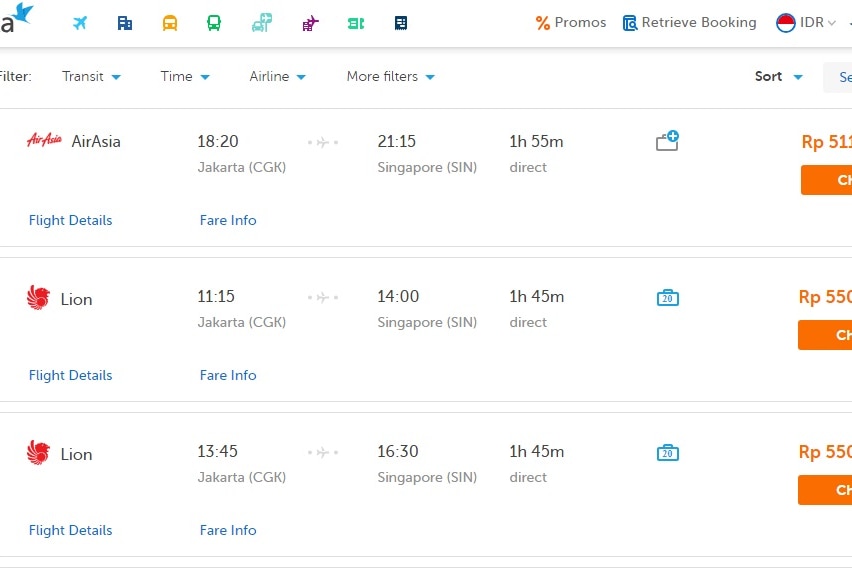 Harga tiket Lion Air di situs Traveloka dengan rute Jakarta-Singapura.