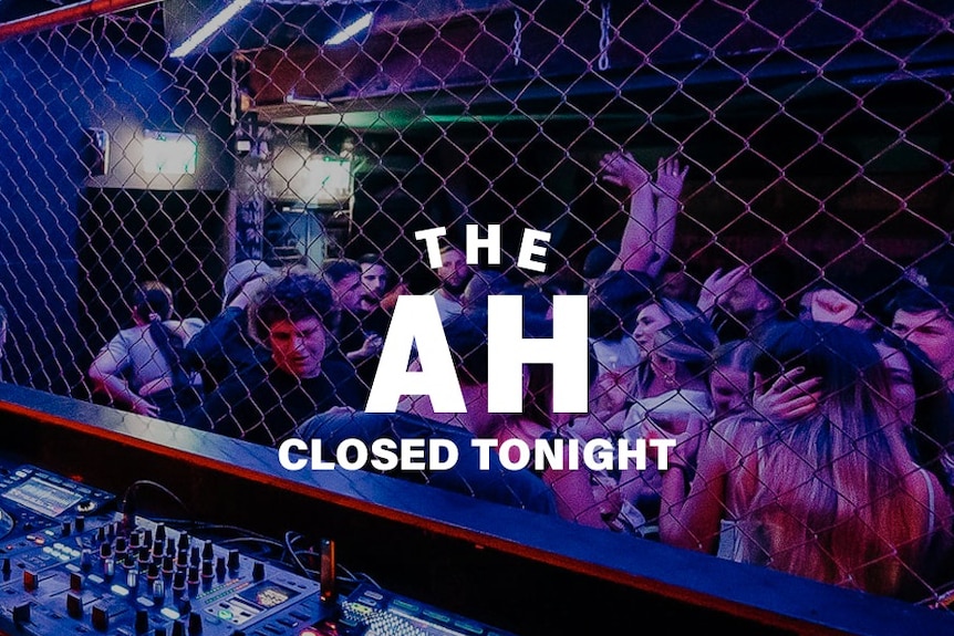 A shot of a crowd dancing in a nightclub overlaid with text that says the venue is closed.