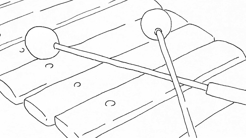 A line sketch of a glockenspiel with two mallets resting on top.