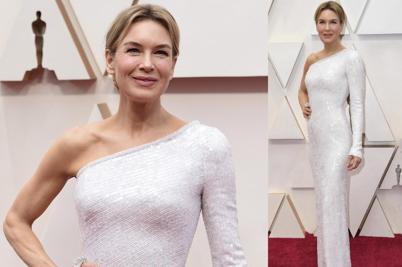 A composite image of Renee Zellweger wearing a white one should dress with a long sleeve.