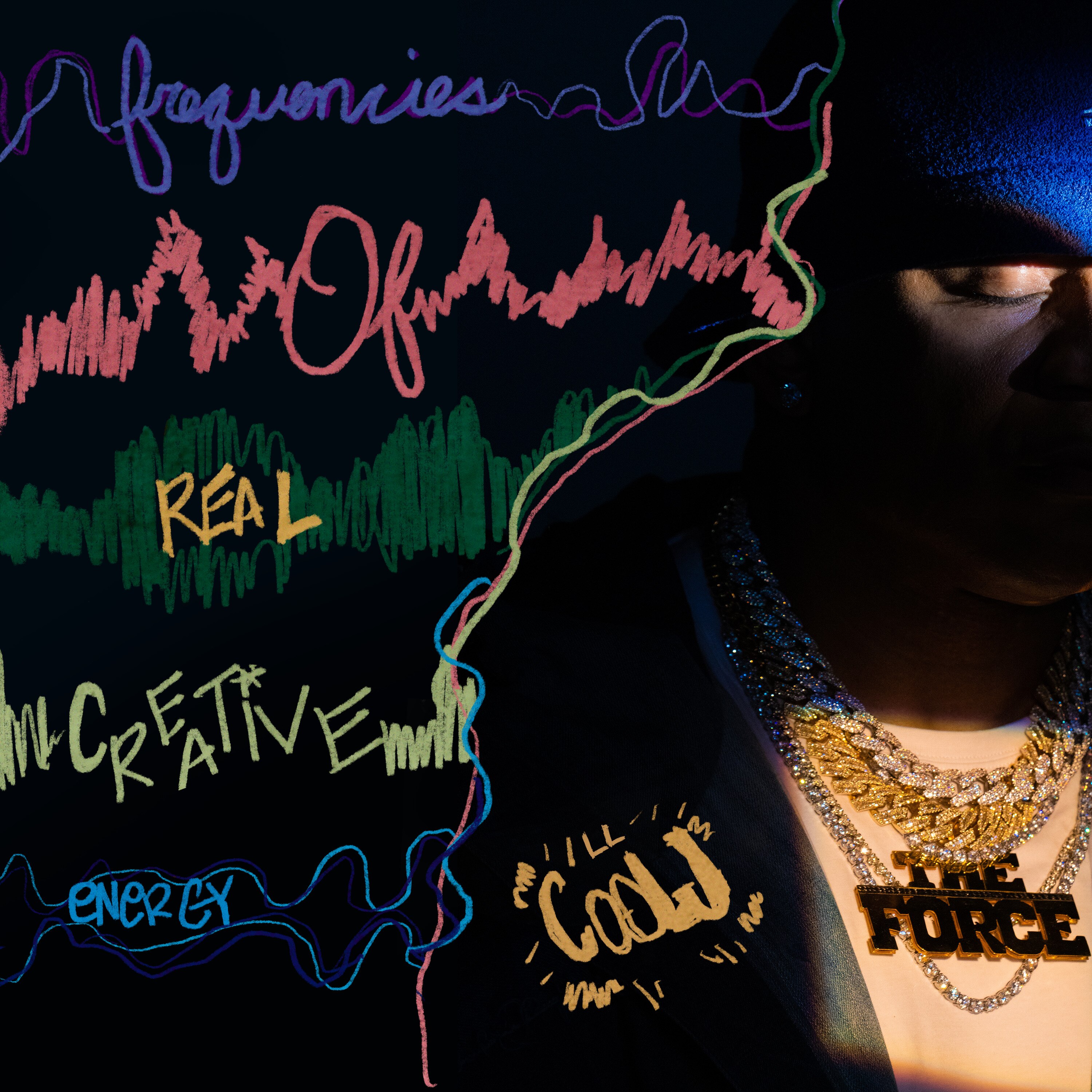 LL Cool J stands in shadow with coloured, scribbled text reading: Frequencies of Real Creative Energy, LL Cool J