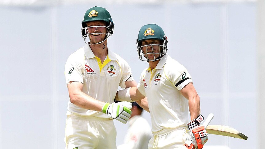 David Warner and Cameron Bancroft celebrate on the field after scoring the winning runs.