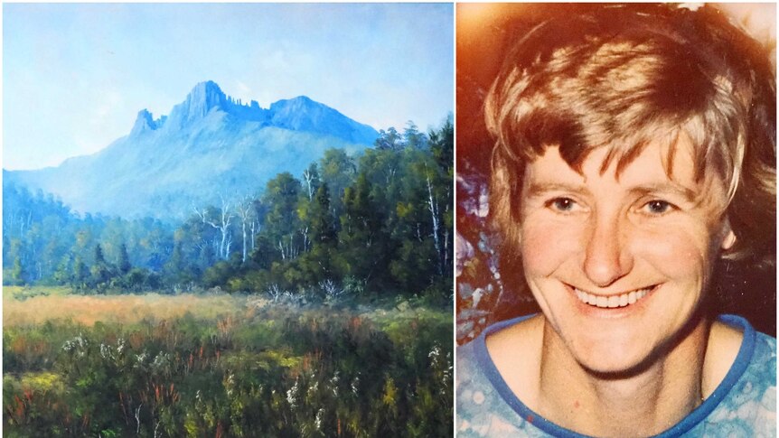 Tasmanian artist Val Whatley and one of her paintings The Acropolis, near Lake St Clair.