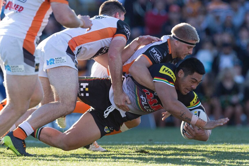 Penrith's Moses Leota brought down by Tigers defence