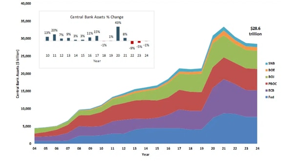 A multicoloured graph showing a peak at the end to signal a large number of assets held by central banks.