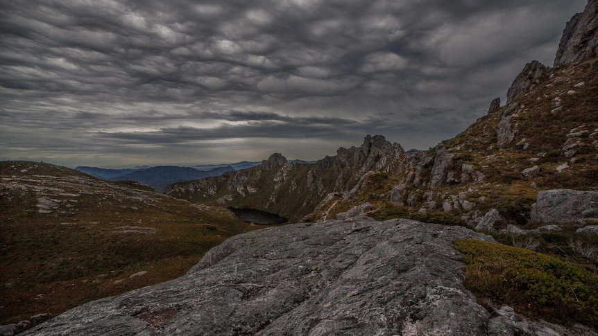 A storm rolls in over Western Arthur Range in Tasmania's south west wilderness.