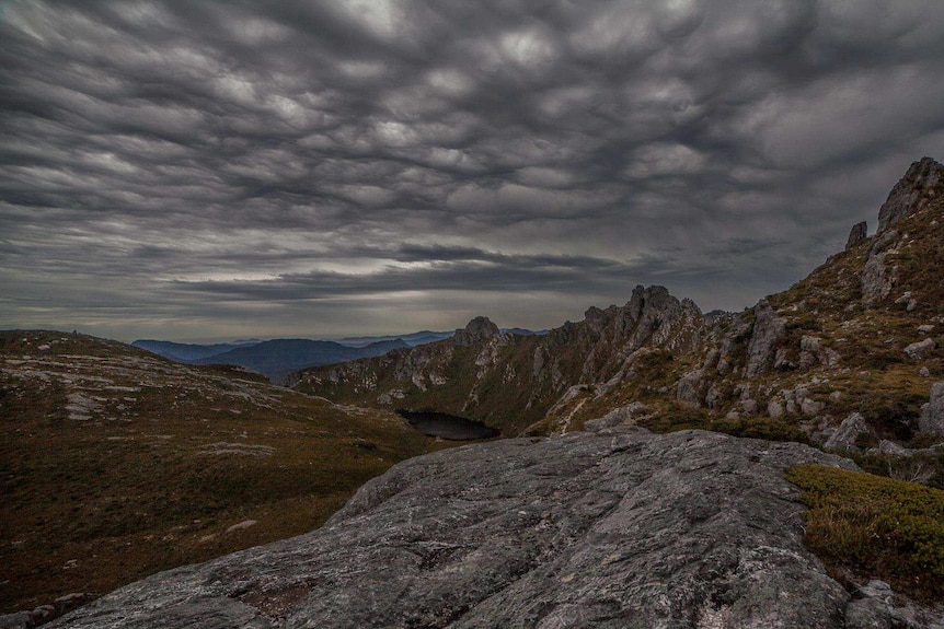 A storm rolls in over Western Arthur Range in Tasmania's south west wilderness.
