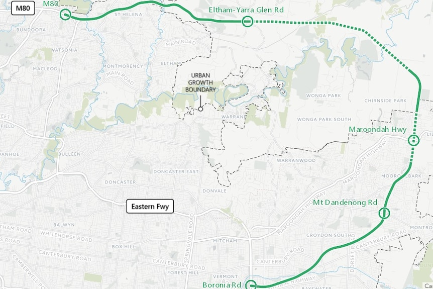 A map of route D for the North East Link running from Greensborough through Kangaroo Ground.