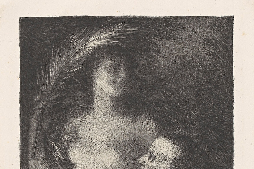 Henri Fantin-Latour's lithograph depicting Richard Wagner composing at a table and looking at a muse holding a feather.