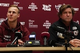 Daly Cherry-Evans speaks while sitting next to Des Hasler at a press conference