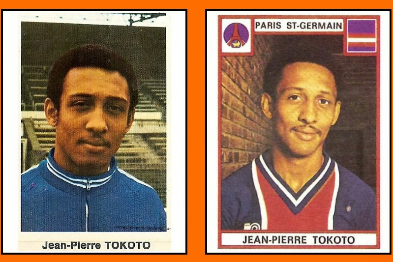 Close-up of two football cards depicting Paris St-Germain and Cameroon player Jean-Pierre Tokoto.