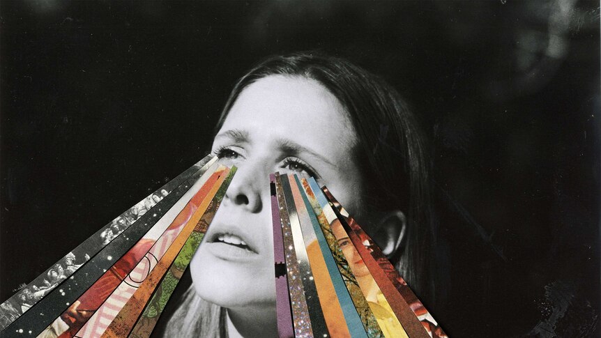 Black and white photograph of lead singer Hannah with coloured collage stripes coming out of eyes.