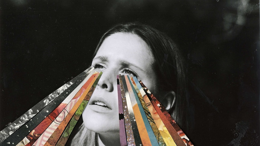Black and white photograph of lead singer Hannah with coloured collage stripes coming out of eyes.
