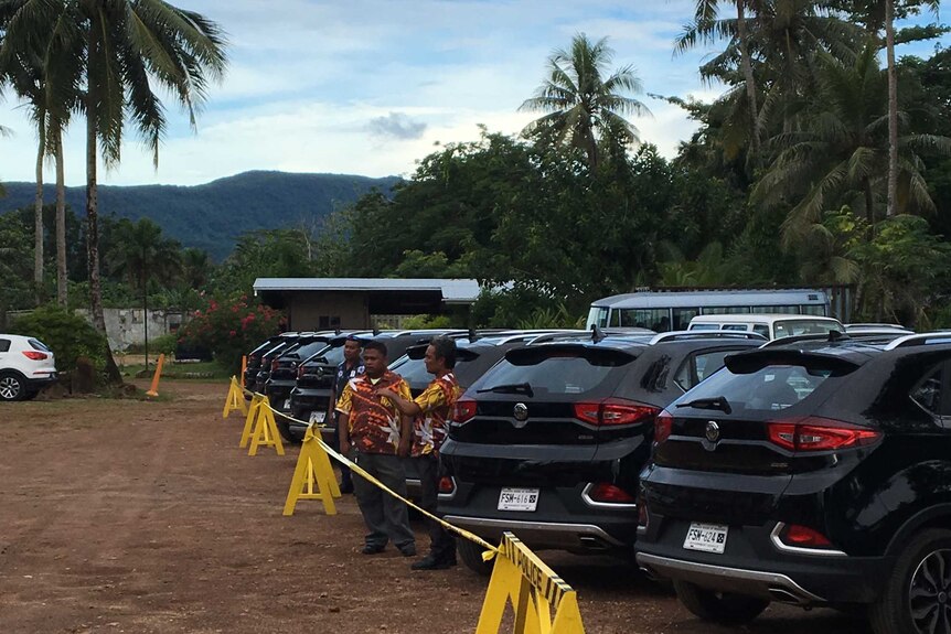 Cars belonging to officials parked amid the Pacific Islands Forum in Pohnpei.