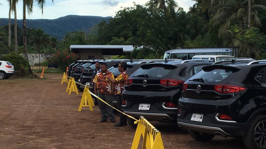 Cars belonging to officials parked amid the Pacific Islands Forum in Pohnpei.