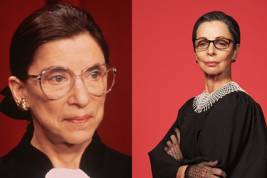 Composite image Ruth Bader Ginsberg and Heather Mitchell dressed as her for a play