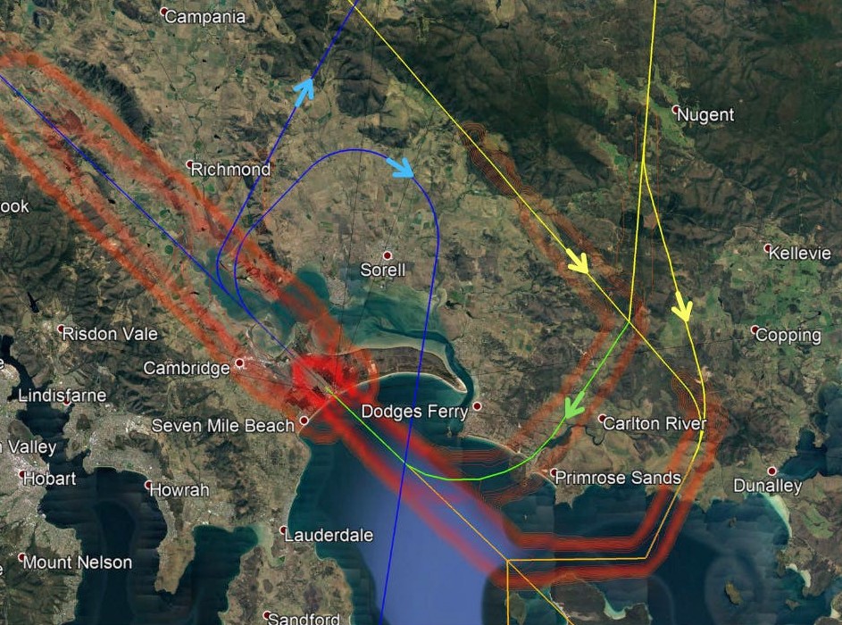 A map of flight noise from Hobart Airport where residents inside the red bands will hear noise from planes above 60 decibels.