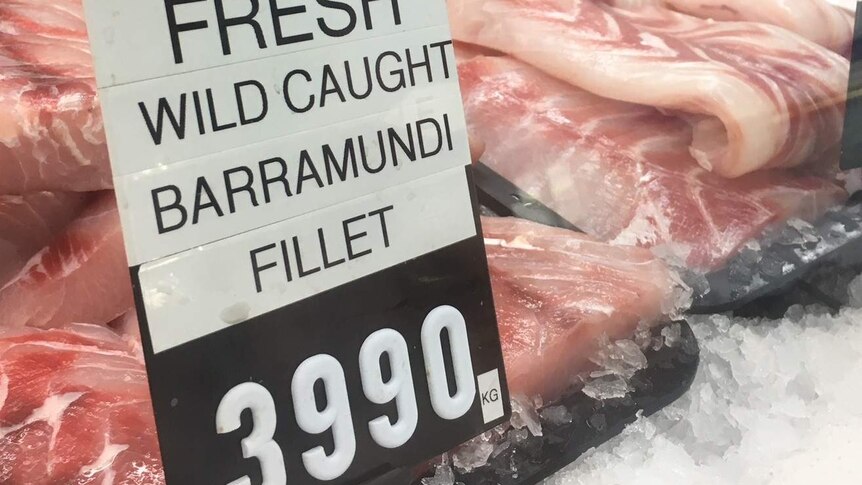 Fish displayed with prices at a fishmonger's shop