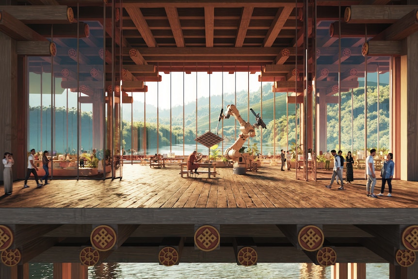 of one of the "inhabited bridges" in Bhutan's proposed mindfulness city featuring a robot and a traditional artisan. 