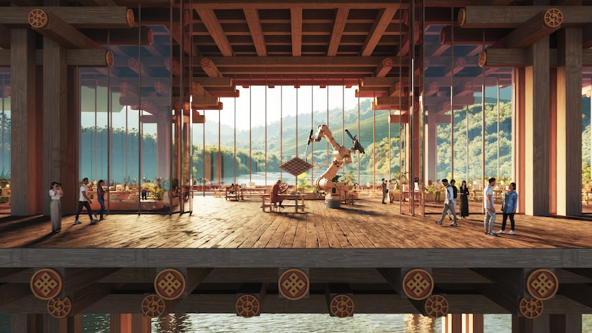 of one of the "inhabited bridges" in Bhutan's proposed mindfulness city featuring a robot and a traditional artisan. 